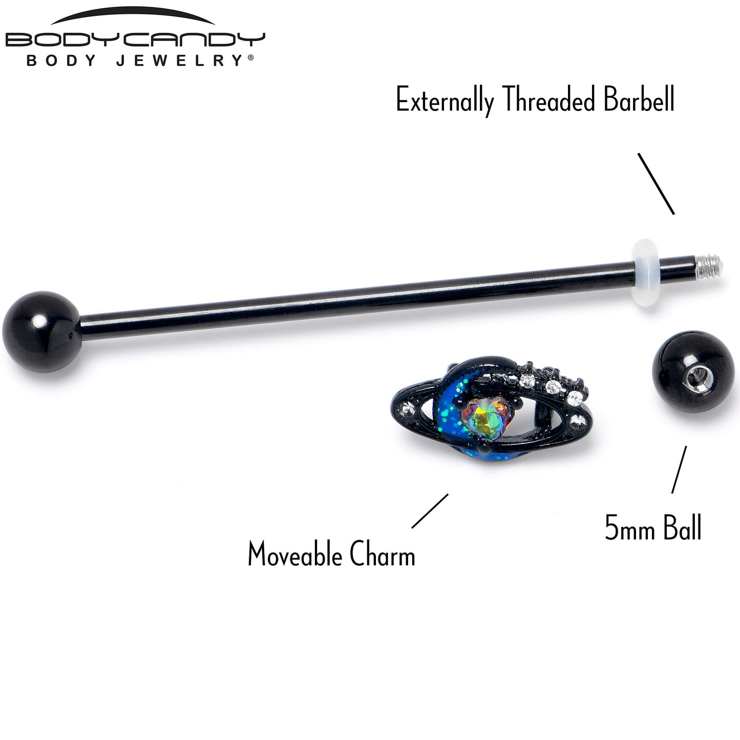 14G Aurora Gem Black Saturn Space Moon Industrial Barbell 38mm