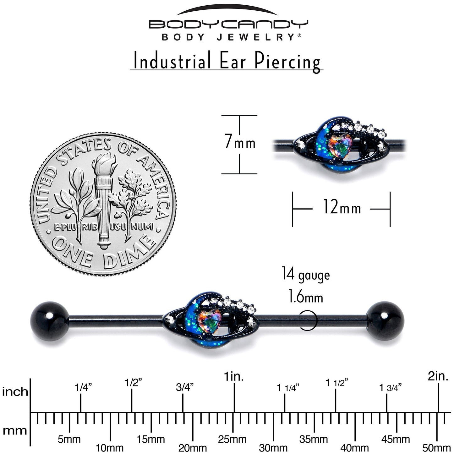 14G Aurora Gem Black Saturn Space Moon Industrial Barbell 38mm