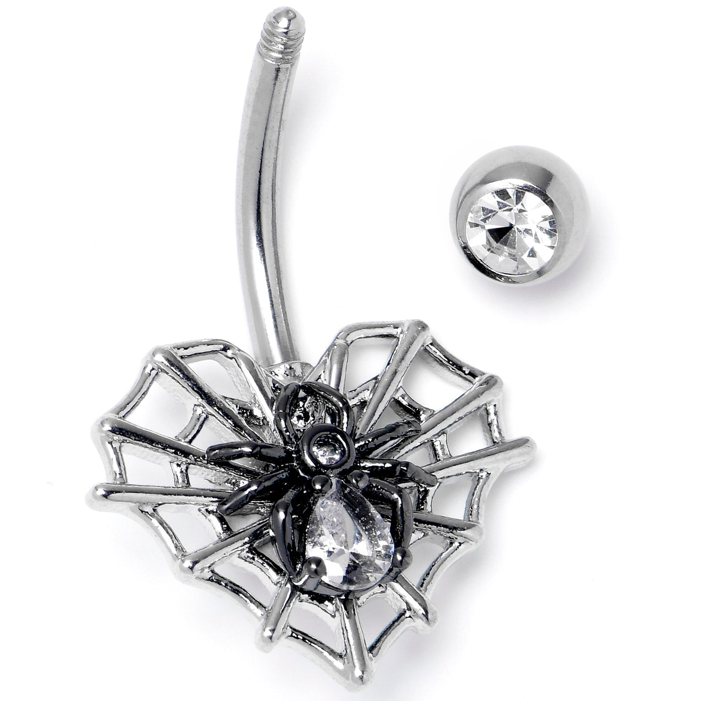 Clear CZ Gem Web Heart Black Spider Belly Ring