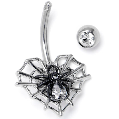 Clear CZ Gem Web Heart Black Spider Belly Ring