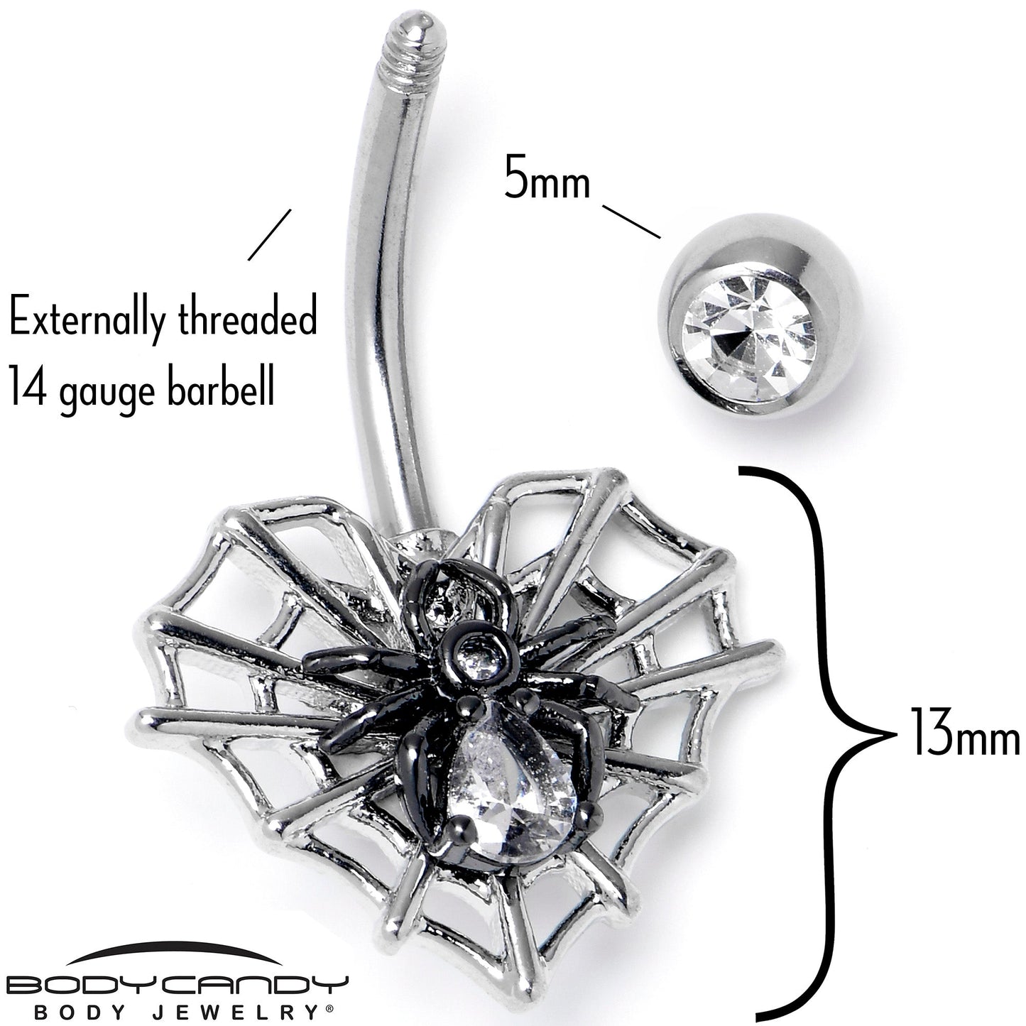 Clear CZ Gem Web Heart Black Spider Belly Ring