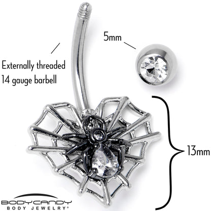 Clear CZ Gem Web Heart Black Spider Belly Ring