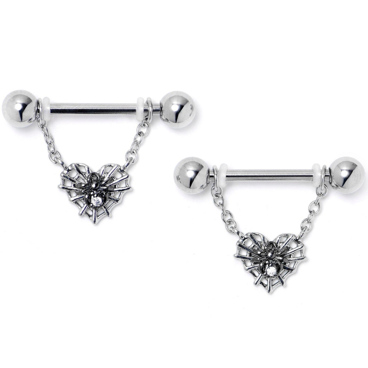 14G 9/16 Clear CZ Gem Heart of Spider Chain Dangle Nipple Ring Set