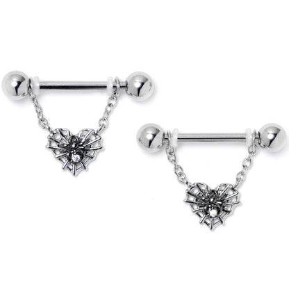 14G 9/16 Clear CZ Gem Heart of Spider Chain Dangle Nipple Ring Set