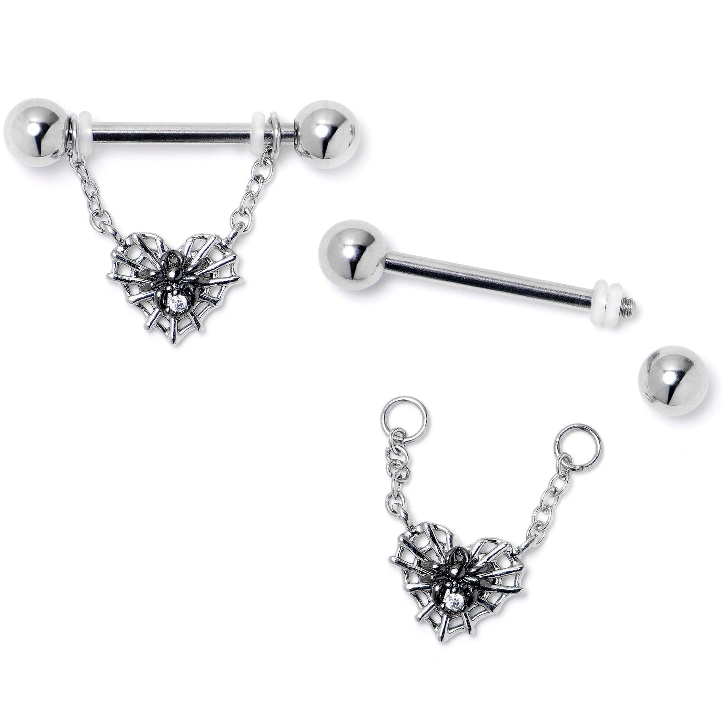 14G 9/16 Clear CZ Gem Heart of Spider Chain Dangle Nipple Ring Set