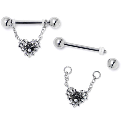 14G 9/16 Clear CZ Gem Heart of Spider Chain Dangle Nipple Ring Set