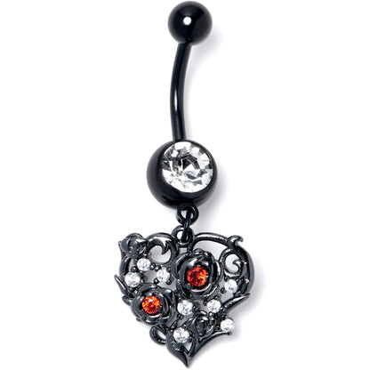 Clear Red CZ Gem Black Heart Floral Dangle Belly Ring
