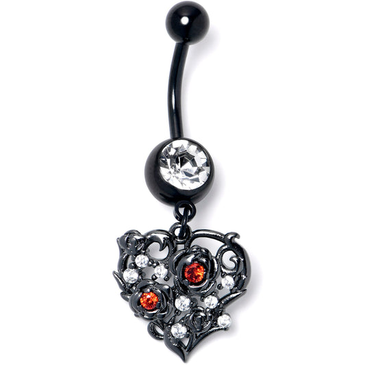 Clear Red CZ Gem Black Heart Floral Dangle Belly Ring