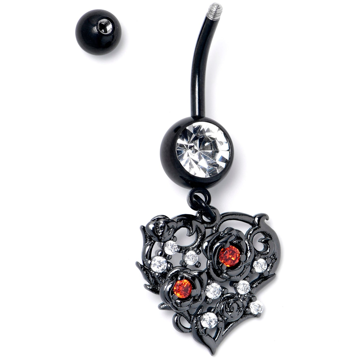 Clear Red CZ Gem Black Heart Floral Dangle Belly Ring