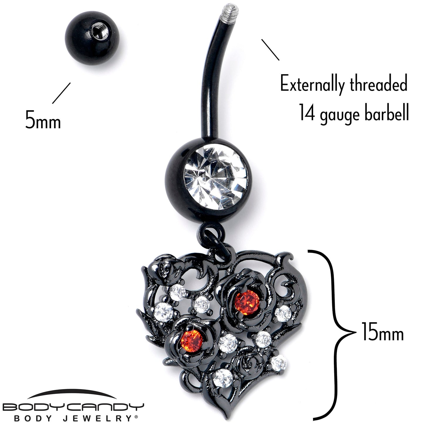 Clear Red CZ Gem Black Heart Floral Dangle Belly Ring