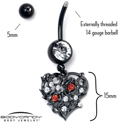 Clear Red CZ Gem Black Heart Floral Dangle Belly Ring