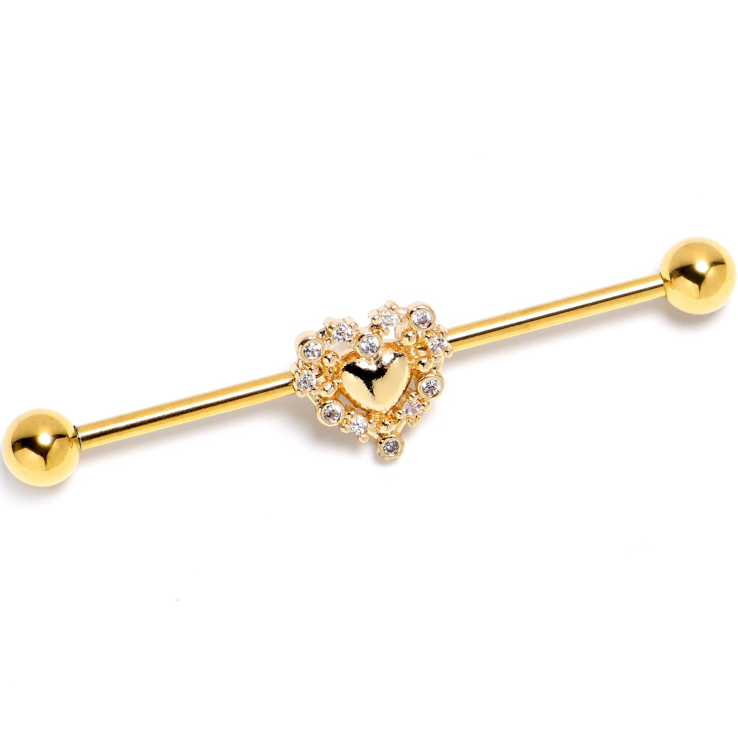 14G Clear CZ Gem Gold Tone Heart Duo Industrial Barbell 38mm