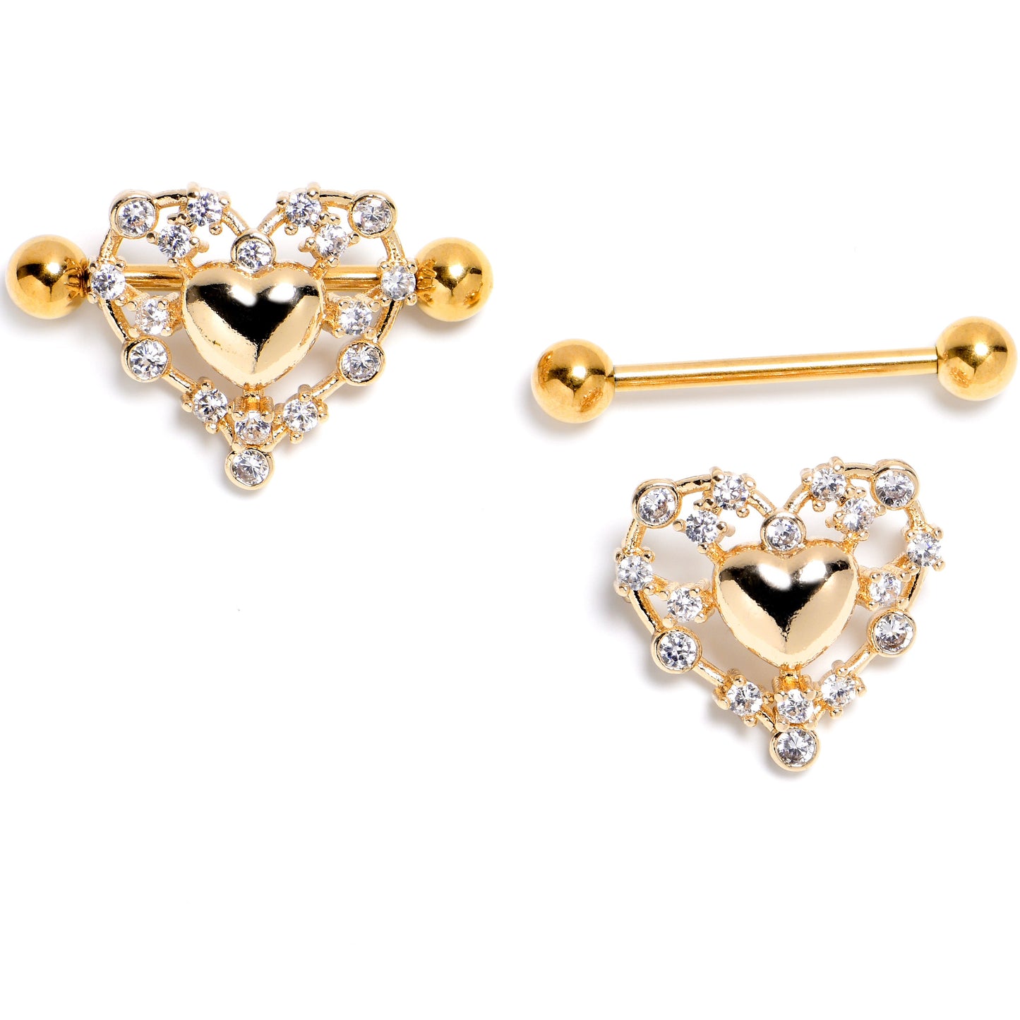14G 9/16 Clear CZ Gem Gold Tone Heart Duo Nipple Shield Set