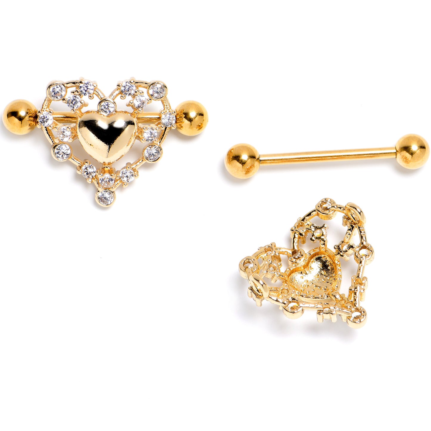 14G 9/16 Clear CZ Gem Gold Tone Heart Duo Nipple Shield Set
