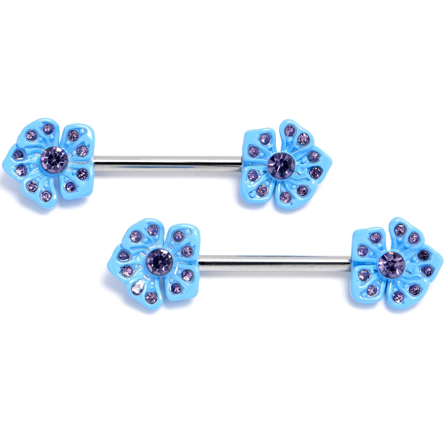 14G 9/16 Purple Gem Flower Blue Bloom Barbell Nipple Ring Set