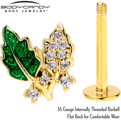 16G 5/16 Clear CZ Gem Gold Tone Leafy Beauty Labret Monroe Tragus