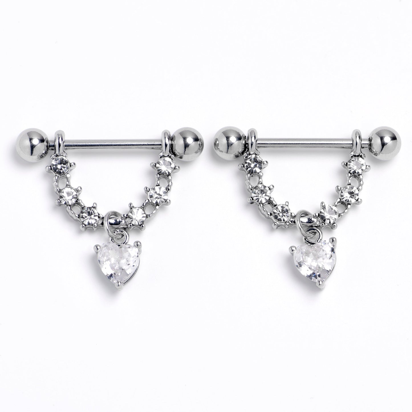 14G 9/16 Clear Gem Stars And Hearts Dangle Nipple Ring Set
