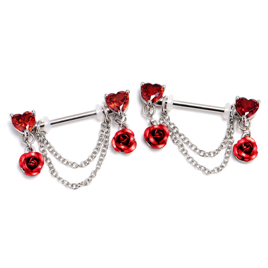 14G 9/16 Red Gem Roses And Hearts Romance Dangle Nipple Ring Set