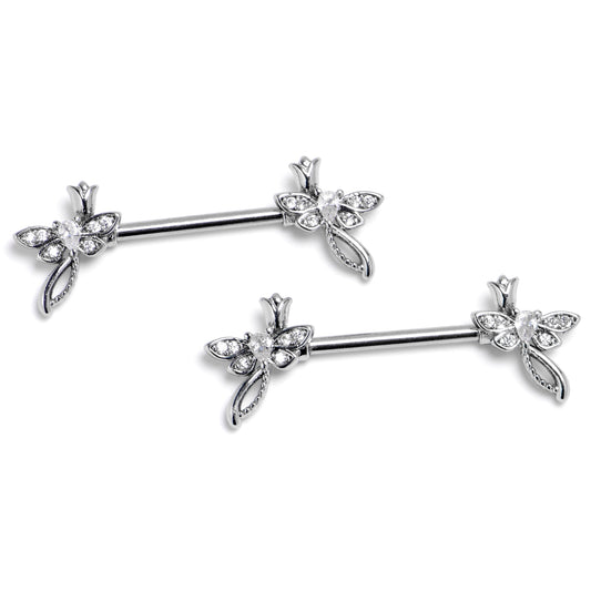 14G 9/16 Clear Gem Bold Dragonfly Barbell Nipple Ring Set