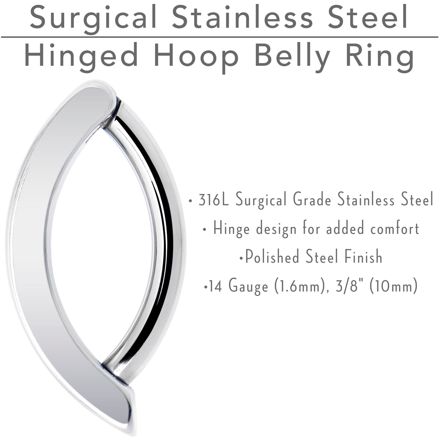 14G 3/8 316L Surgical Steel Smooth Style Hinged Hoop Belly Ring