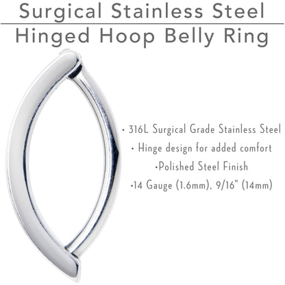 14G 9/16 316L Surgical Steel Smooth Style Hinged Hoop Belly Ring