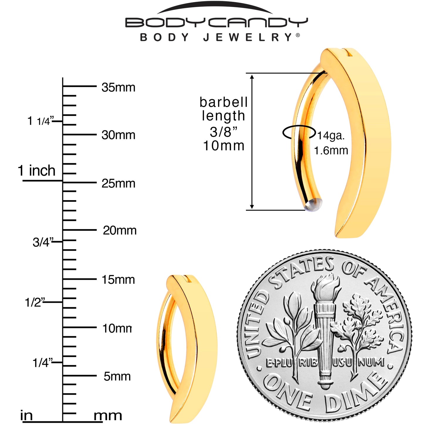 14G 3/8 Gold Tone 316L Surgical Steel Hinged Hoop Belly Ring
