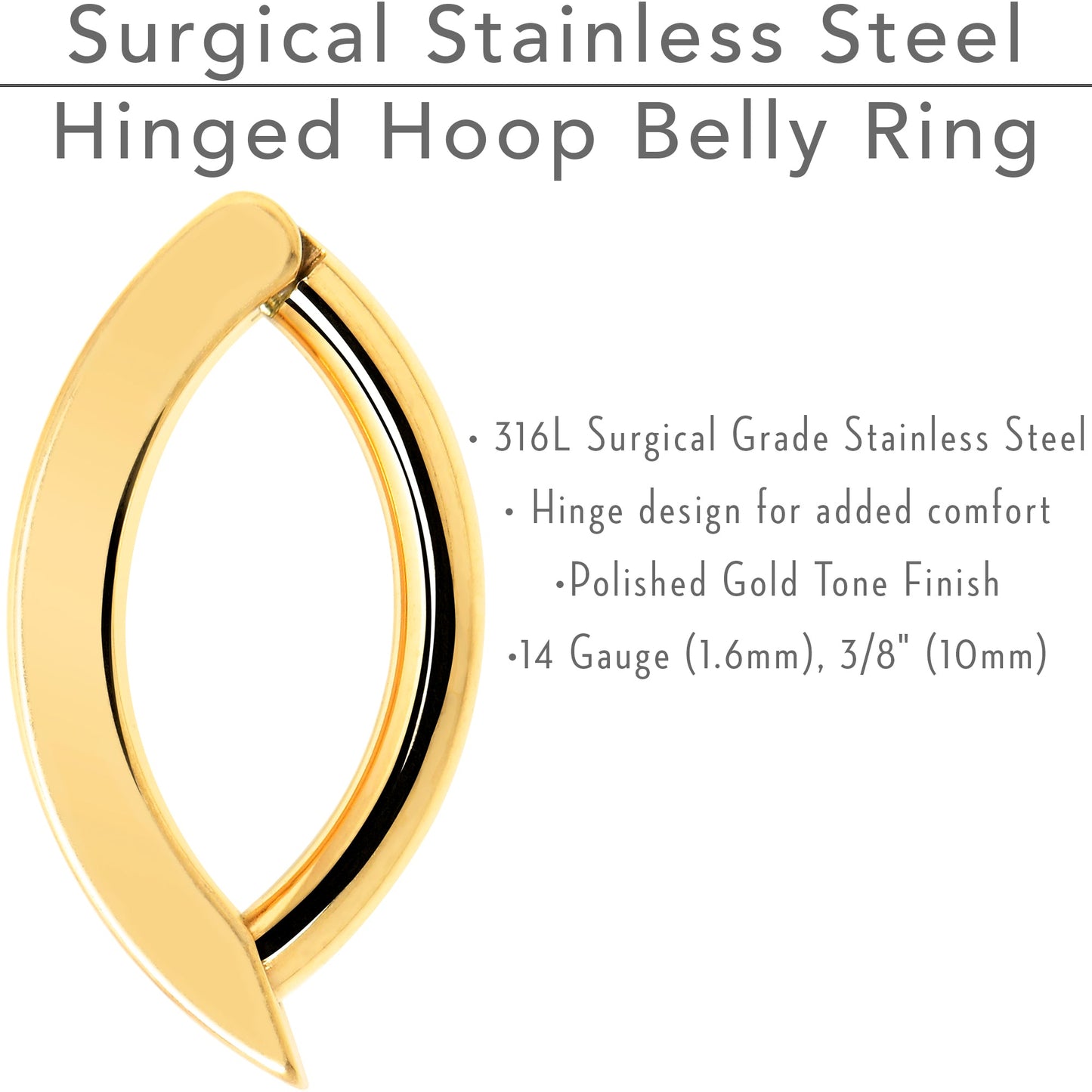 14G 3/8 Gold Tone 316L Surgical Steel Hinged Hoop Belly Ring