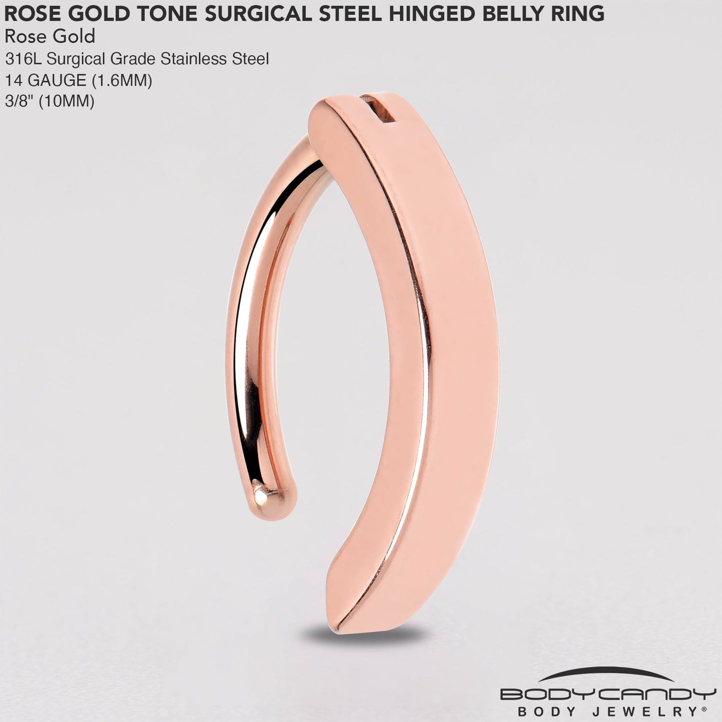 14G 3/8 Rose Gold Tone 316L Surgical Steel Smooth Style Hinged Hoop Belly Ring