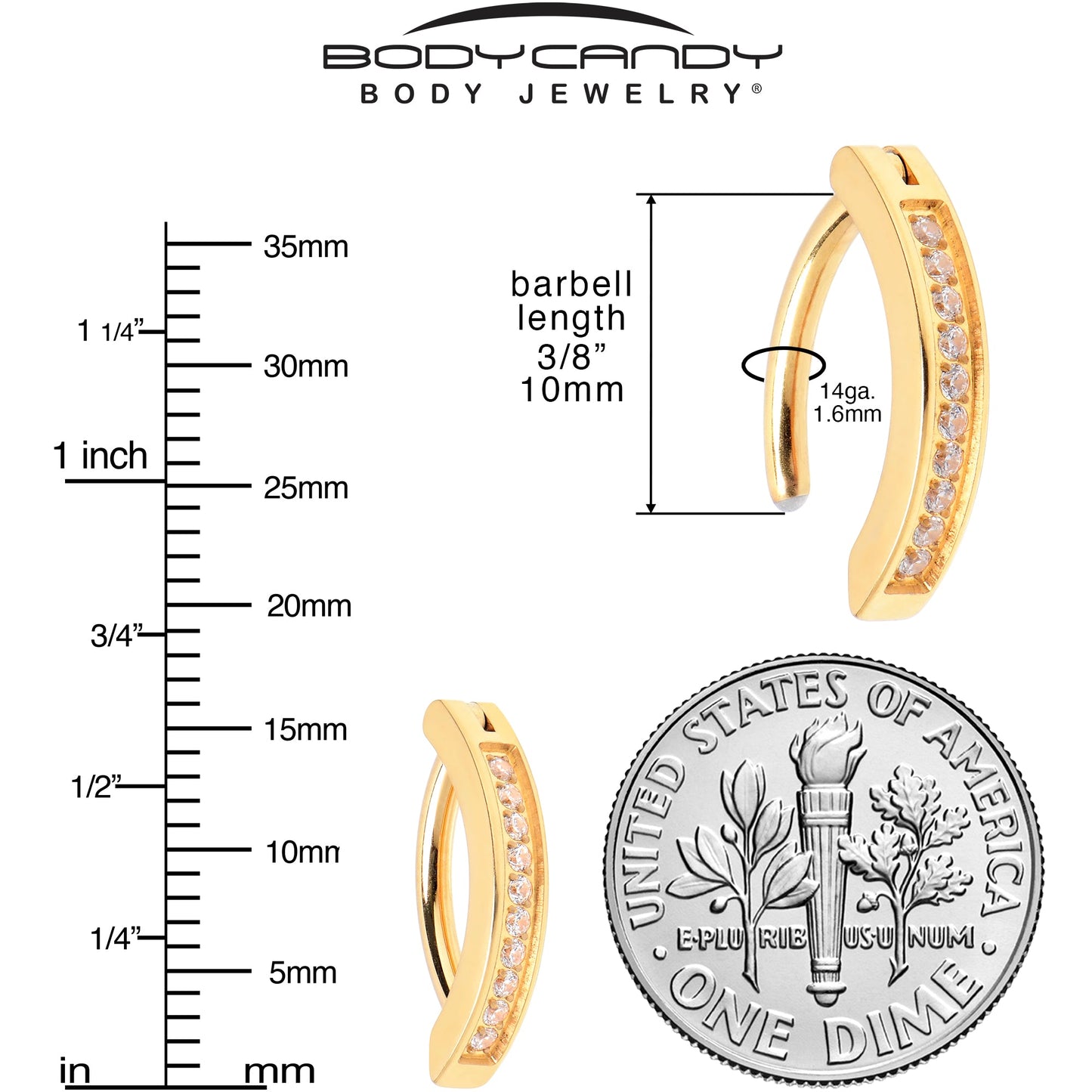 14G 3/8 Gold Tone CZ ASTM F-136 Implant Grade Titanium Hinged Hoop Belly Ring