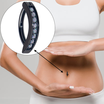 14G 3/8  Black Implant Grade Titanium CZ Paved Hinged Hoop Belly Ring