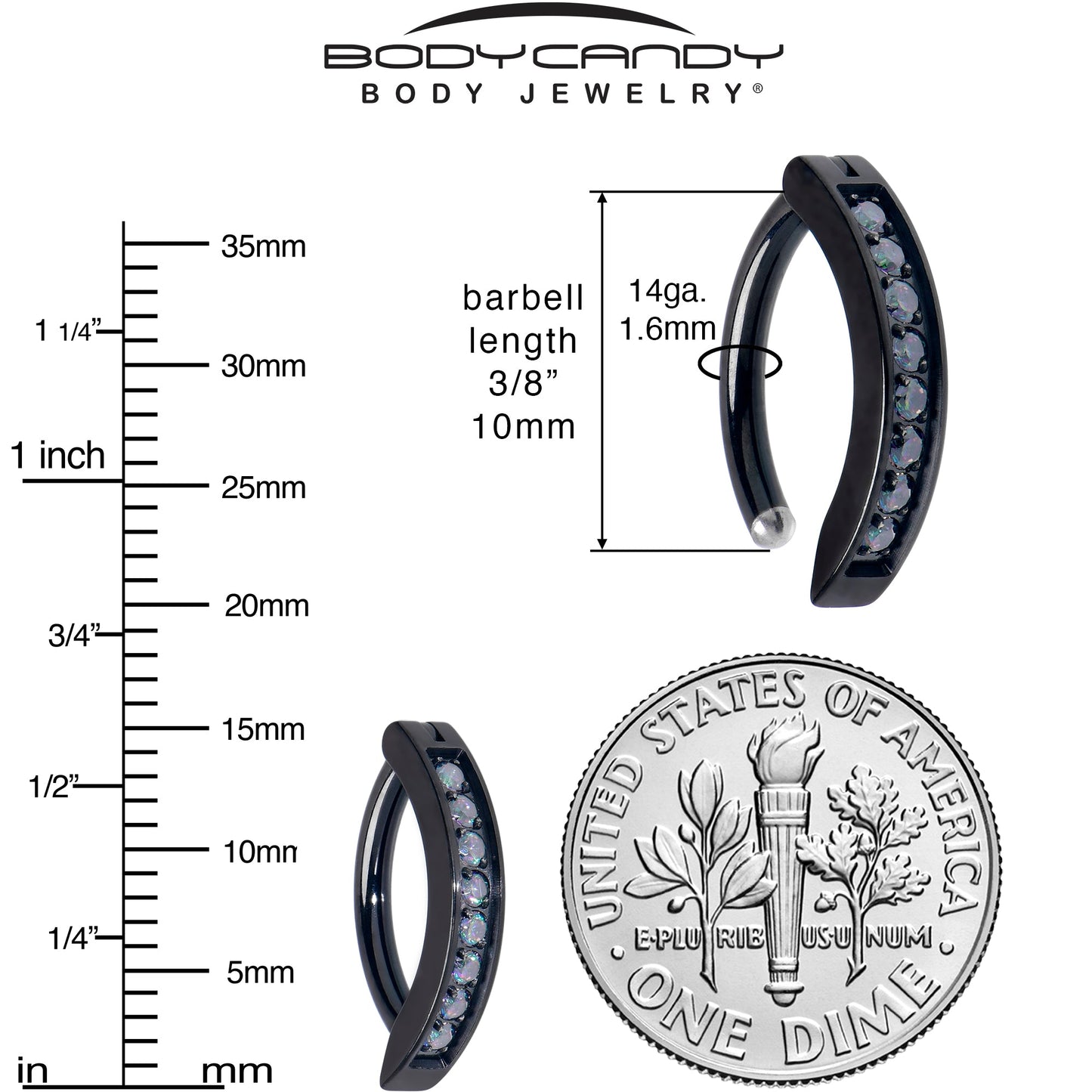 14G 3/8  Black Implant Grade Titanium CZ Paved Hinged Hoop Belly Ring