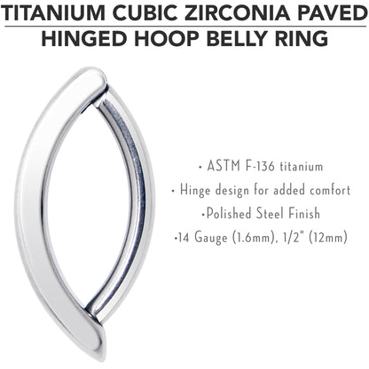 14G 1/2 Implant Grade Titanium CZ Paved Hinged Hoop Belly Ring