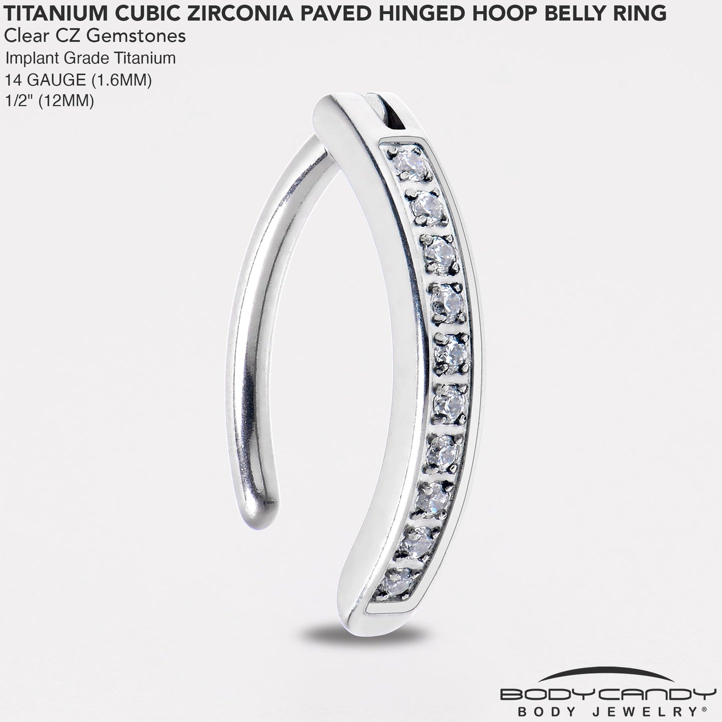 14G 1/2 Implant Grade Titanium CZ Paved Hinged Hoop Belly Ring