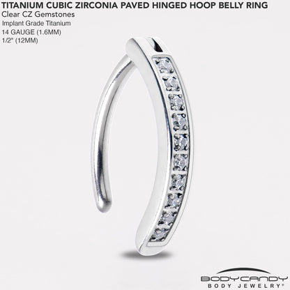 14G 1/2 Implant Grade Titanium CZ Paved Hinged Hoop Belly Ring