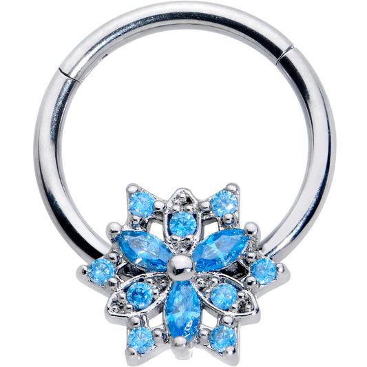 16G 3/8 Blue CZ Gem Snowflake Style Hinged Segment Ring