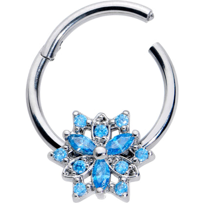 16G 3/8 Blue CZ Gem Snowflake Style Hinged Segment Ring