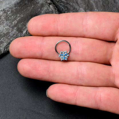 16G 3/8 Blue CZ Gem Snowflake Style Hinged Segment Ring