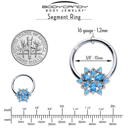 16G 3/8 Blue CZ Gem Snowflake Style Hinged Segment Ring