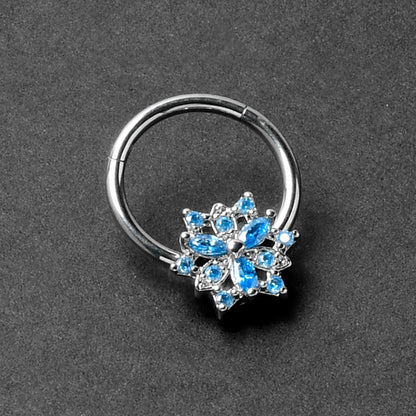 16G 3/8 Blue CZ Gem Snowflake Style Hinged Segment Ring