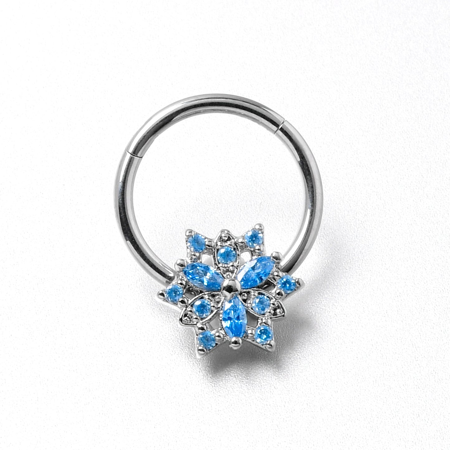 16G 3/8 Blue CZ Gem Snowflake Style Hinged Segment Ring