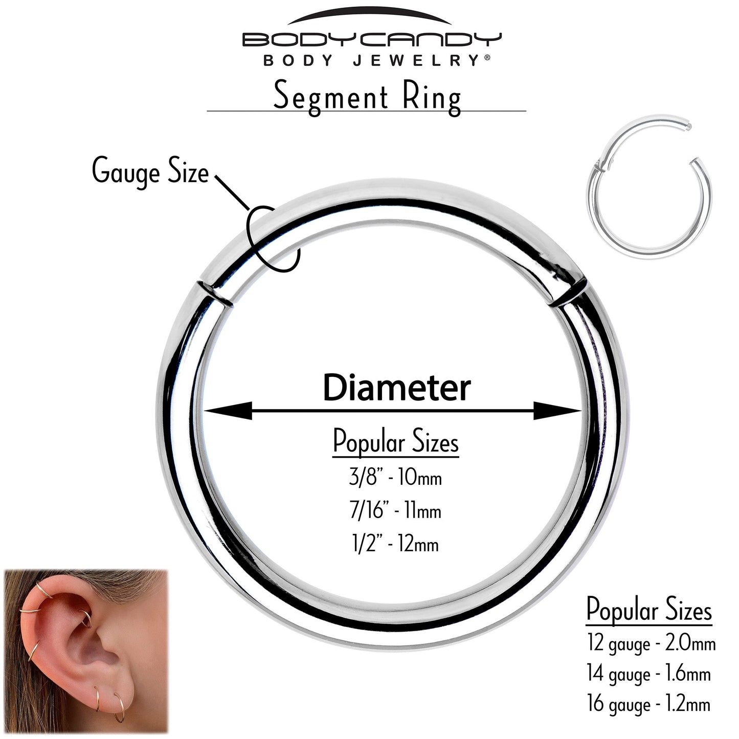 16G 3/8 Blue CZ Gem Snowflake Style Hinged Segment Ring