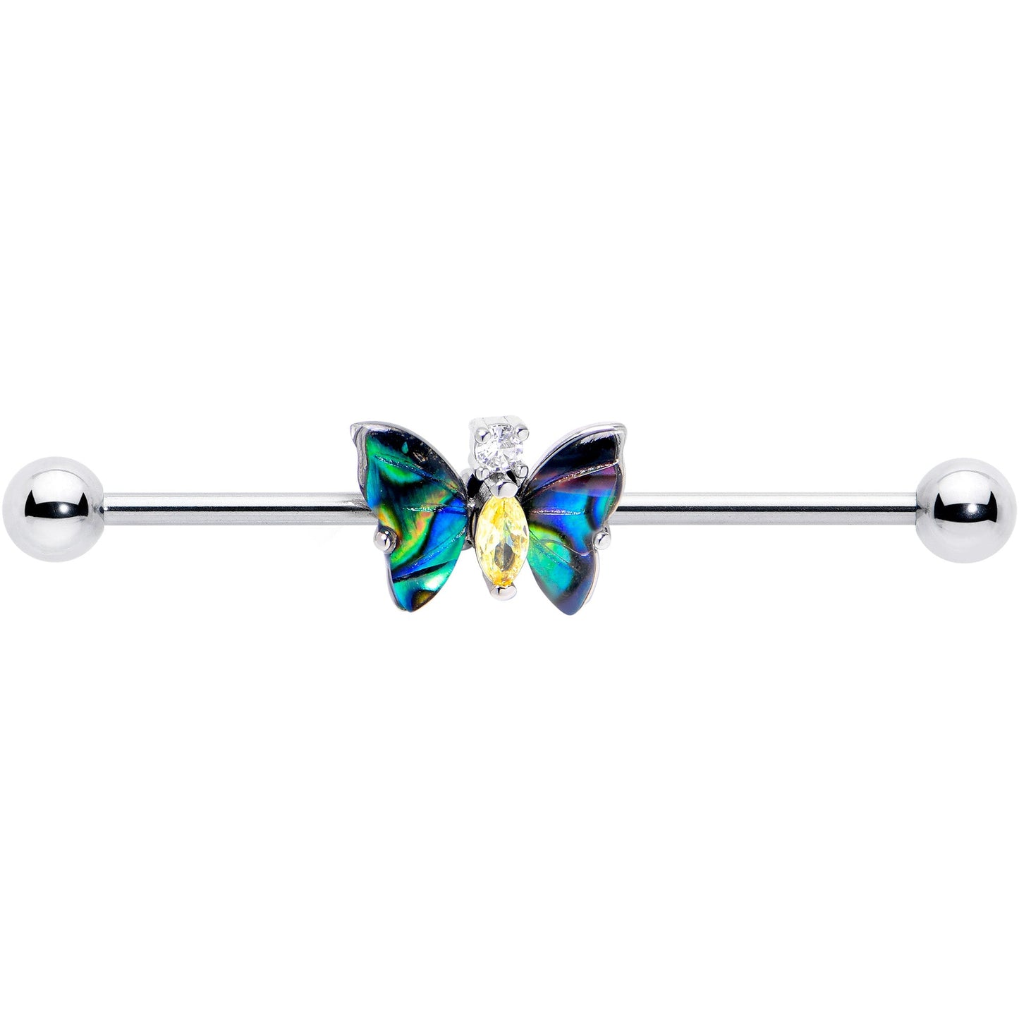 14G Yellow Clear Gem Dark Butterfly Industrial Barbell 38mm