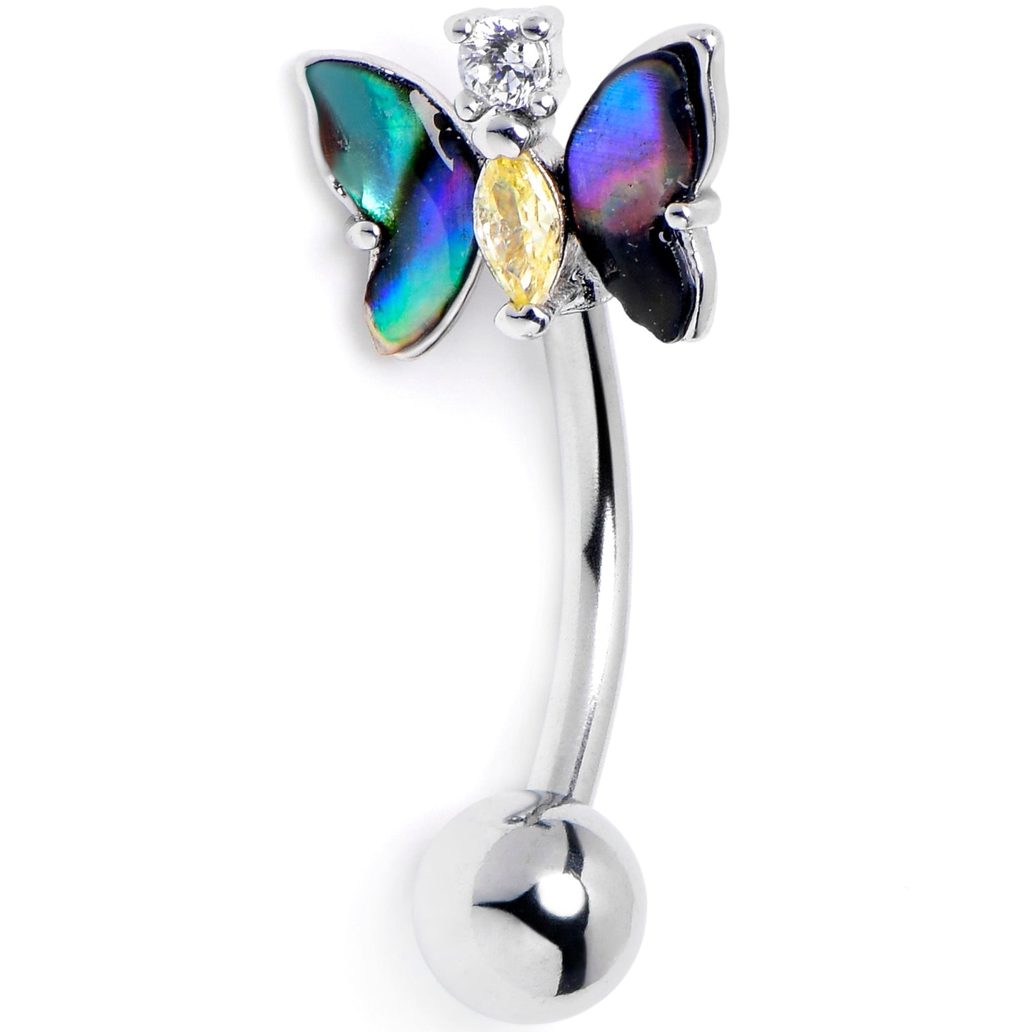 16G 5/16 Yellow Clear Gem Dark Butterfly Curved Eyebrow Ring