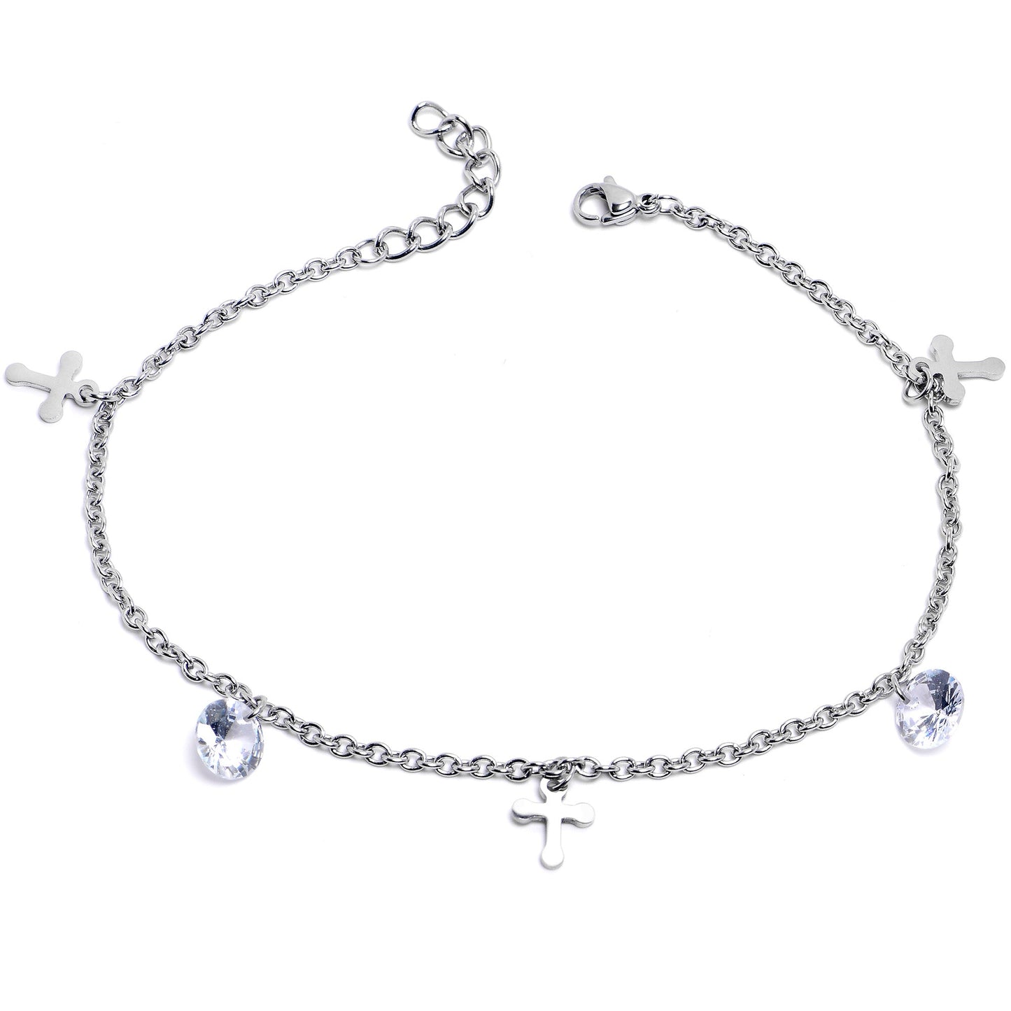 Clear CZ Gem Cross Dangle Steel Ankle Bracelet