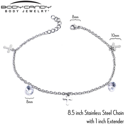Clear CZ Gem Cross Dangle Steel Ankle Bracelet