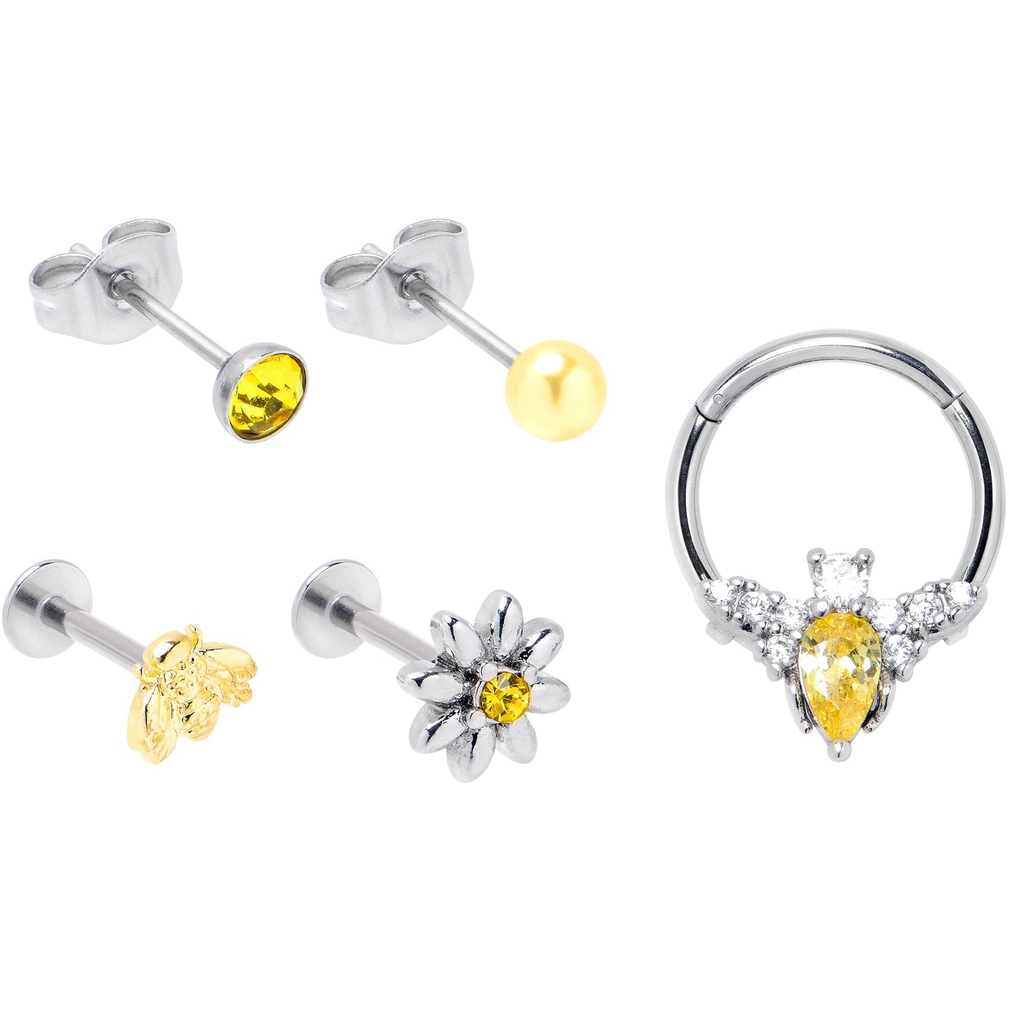 16G Yellow Gem Bee Flower Labret Segment Ring Ear Curation Set of 5