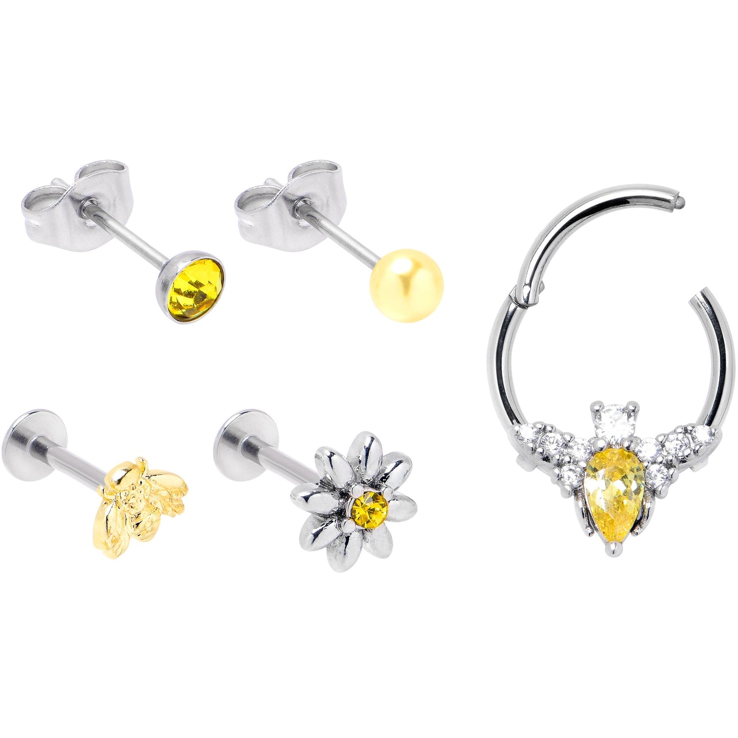 16G Yellow Gem Bee Flower Labret Segment Ring Ear Curation Set of 5
