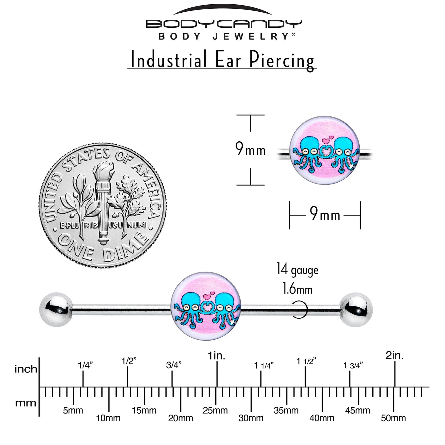 14G Loving Octopus Duo Industrial Barbell 38mm