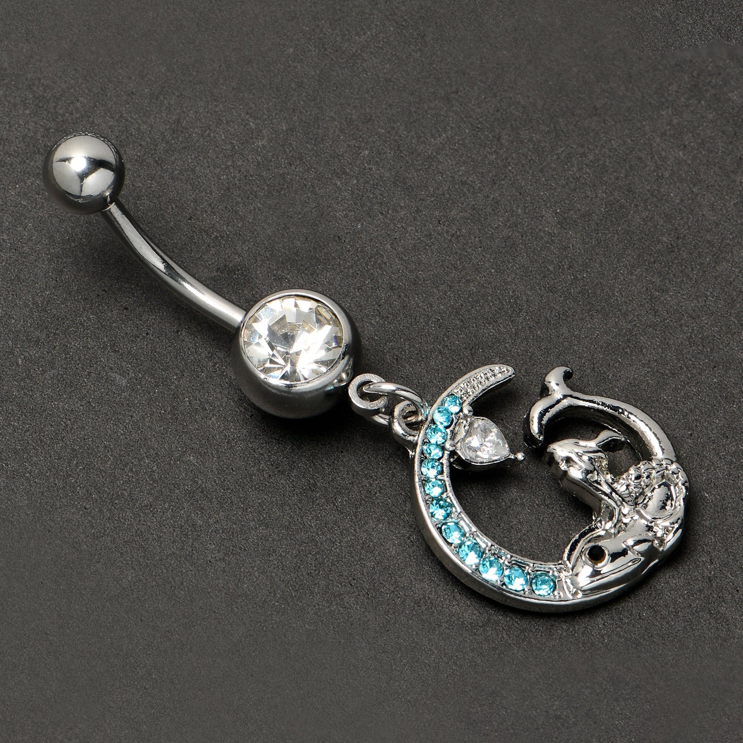 Clear Blue Gem Mermaid Whale Rider Moon Dangle Belly Ring