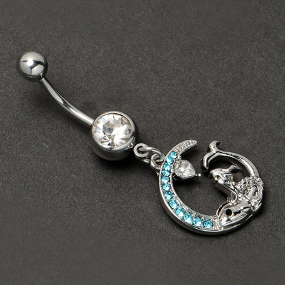 Clear Blue Gem Mermaid Whale Rider Moon Dangle Belly Ring
